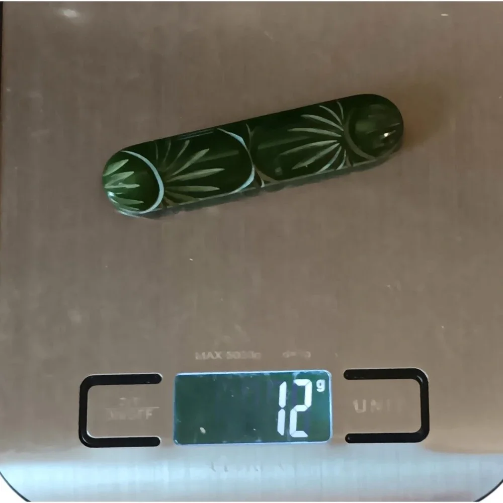 Bakelite Brooch Carved Dark Green Bar Pin Art Deco Tropical Leaf Fan Design 3.25